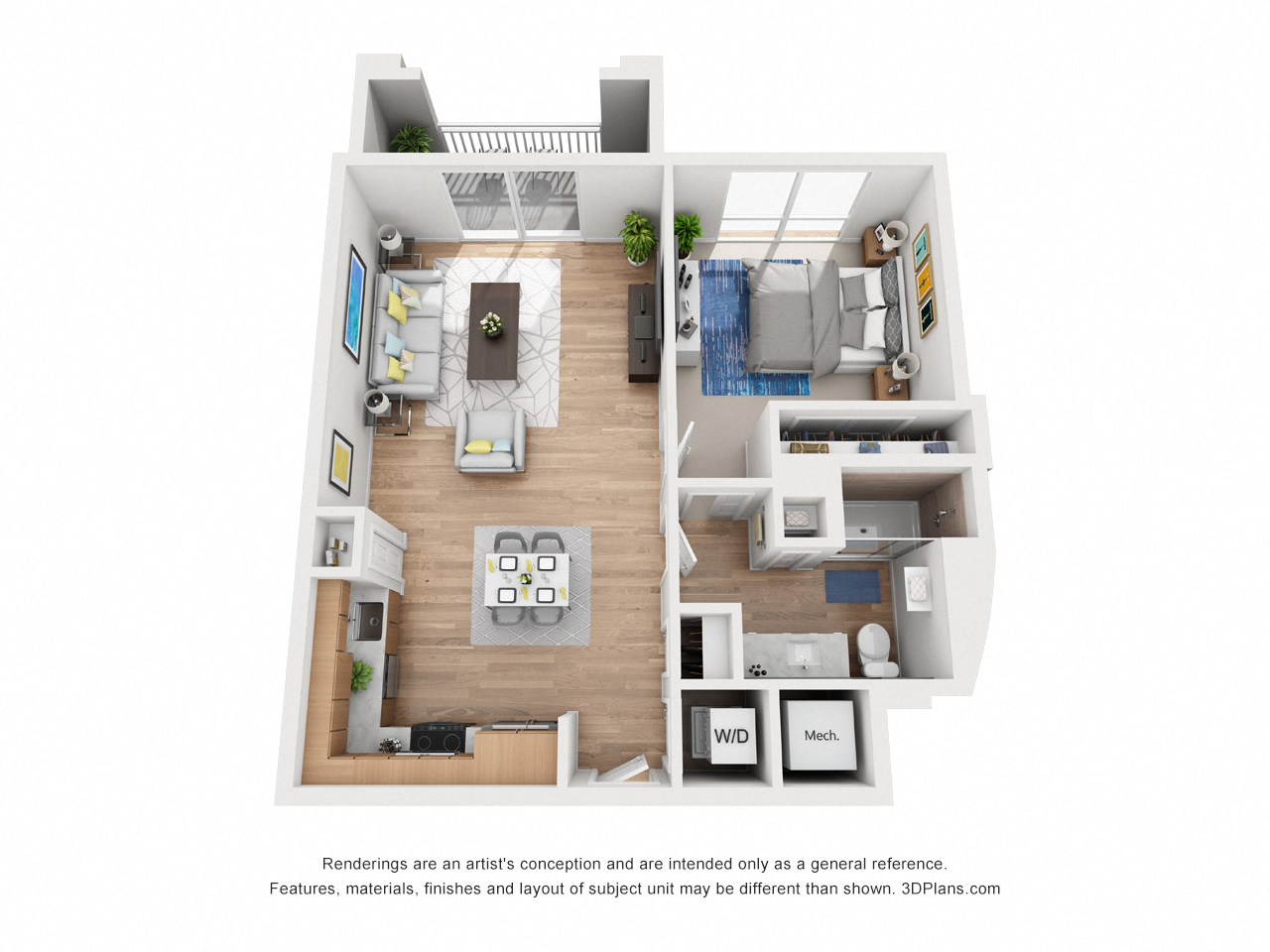 Floor plan for 1 bed, 1 bath, 750 sqft